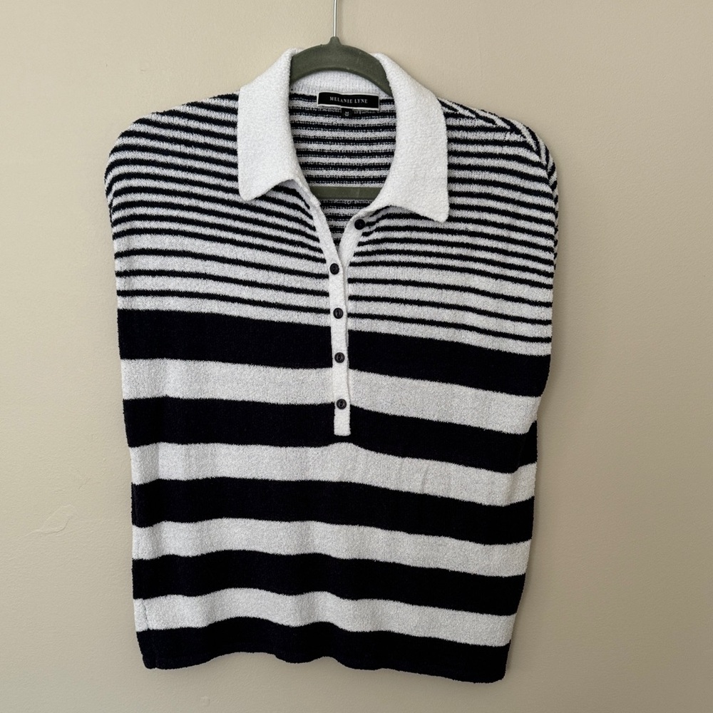 Melanie Lyne Women's V-Neck Sweater in Black and White Stripes